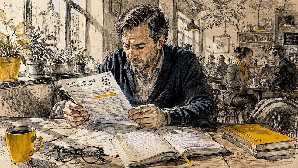 Translator reviewing secure defense documents at a desk
