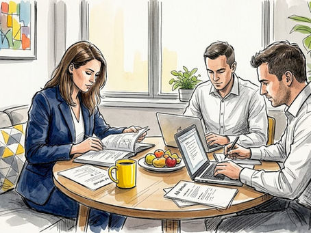 Team reviewing compliance documentation in conference room