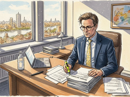 Een compliance officer beoordeelt een vertaling op kantoor.
