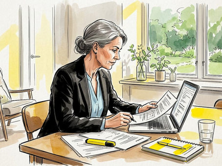En fackman går noggrant igenom dokument vid sitt skrivbord på kontoret.