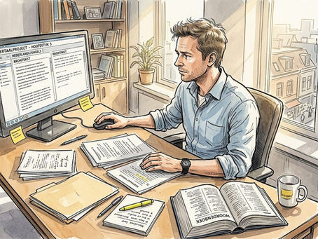 Achter zijn bureau buigt de vertaler zich over digitale bestanden.
