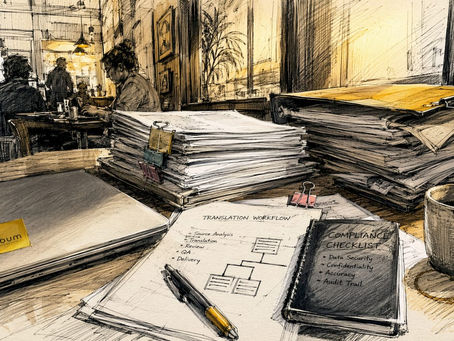 Translation workflow tools on cluttered office desk