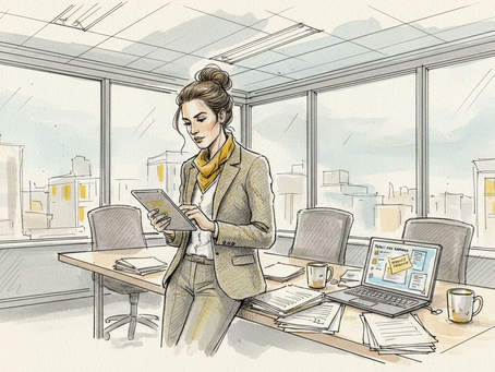 Manager reviewing compliance documents in corner office