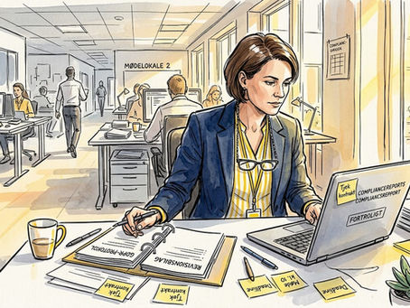 En compliance-medarbejder sidder på kontoret og gennemgår fortrolige papirer.