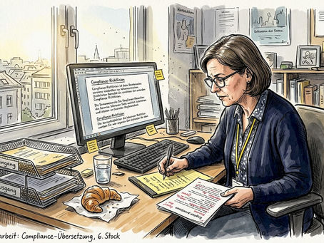 Ein Sprachexperte prüft und vergleicht im Büro verschiedene Compliance-Dokumente auf ihre Übereinstimmung.