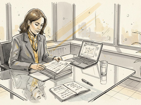 Eine erfahrene Fachfrau prüft aufmerksam einen Stapel übersetzter Unterlagen.