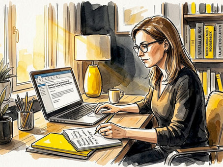 Op kantoor buigt een vrouw zich over een vertaalopdracht, met extra aandacht voor privacy.