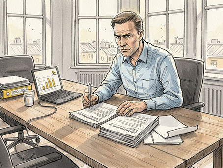 Toimitusjohtaja käy läpi vaatimustenmukaisuusasiakirjoja kulmahuoneessaan.