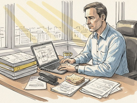 En fagperson sitter ved pulten sin på kontoret og jobber.