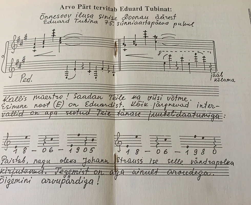 E nagu Eduard. Sellise numbrilise viguriga sünnipäevaõnnitluse saatis Arvo Pärt Eduard Tubinale. Foto: Arvo Pärdi Keskus. Repro