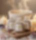 Three herbal bath bags with text, candles, and Amae Psoriasis Relief Bundle.