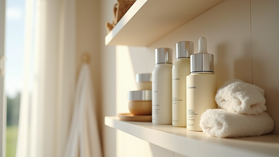Eye-level view of a serene bathroom shelf with natural skincare products