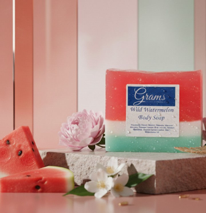 Soap bar with watermelon slices, Grams Wild Watermelon Body Soap against pink background.