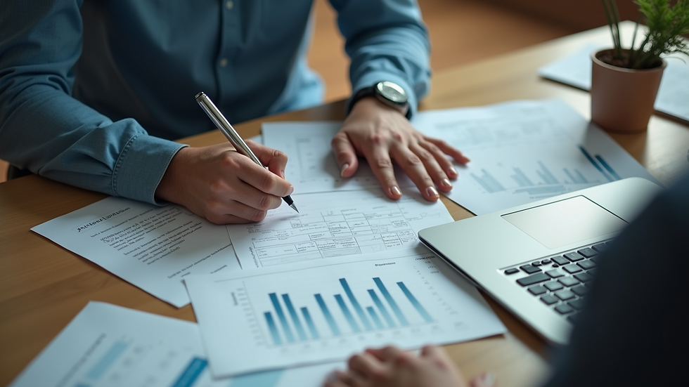 High angle view of a translator working on technical documents