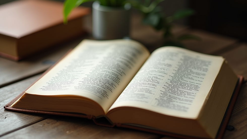 High angle view of a glossary book open on a desk