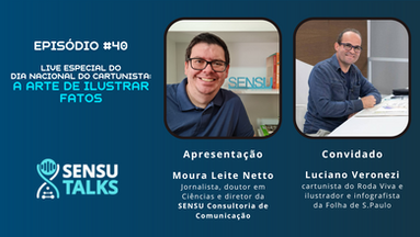 O cartunista, ilustrador e infografista Luciano Veronezi ao lado do apresentador do SENSU TALKS, Moura Leite Netto