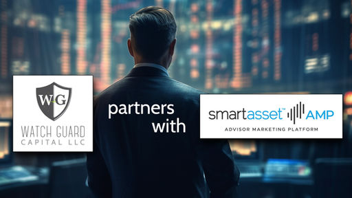 Watch Guard Capital partners with SmartAsset AMP, shown over a professional cityscape background with a businessman silhouette
