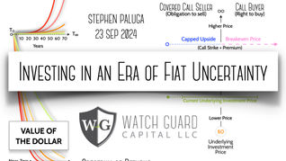 A presentation slide titled “Investing in an Era of Fiat Uncertainty,” featuring charts on inflation, dollar value, options payoff, and the spectrum of returns.