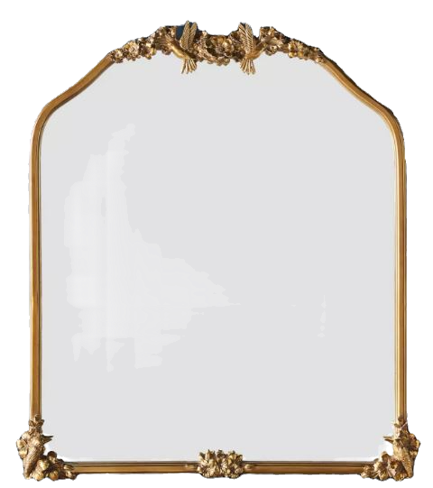 Elegant mirror with an ornate floral border in gold and white inlay. The intricate design features symmetrical flowers and vines.