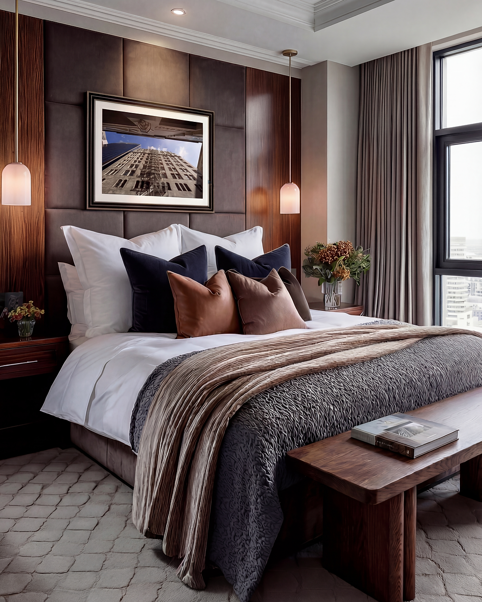 Luxurious bachelor pad bedroom with layered pillows, wood paneling, framed city photo, and side text reading Shop the look | Cley Atelier