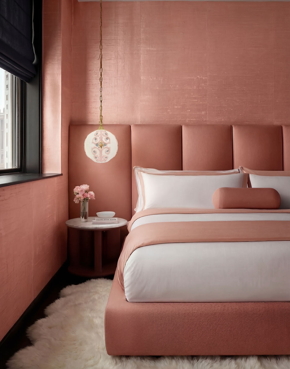 interior design trends: Curves, Sculptural Silhouettes & Retro Echoes.  modern retro living room with stain grade brown wood paneled walls a curved cream sofa, a fuzzy fur cream, woven jute rug and brown modern coffee table and art chair