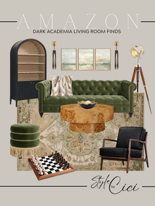 dark academia living room interior design mood board with furnishings and décor