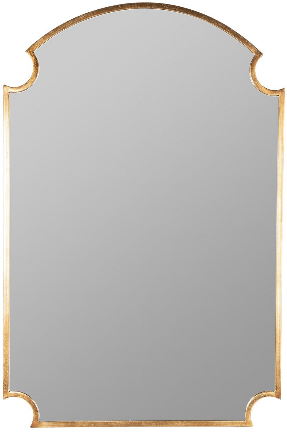 Elegant mirror with a gold ornate frame. It has a classic arched design and corner arch cut outs
