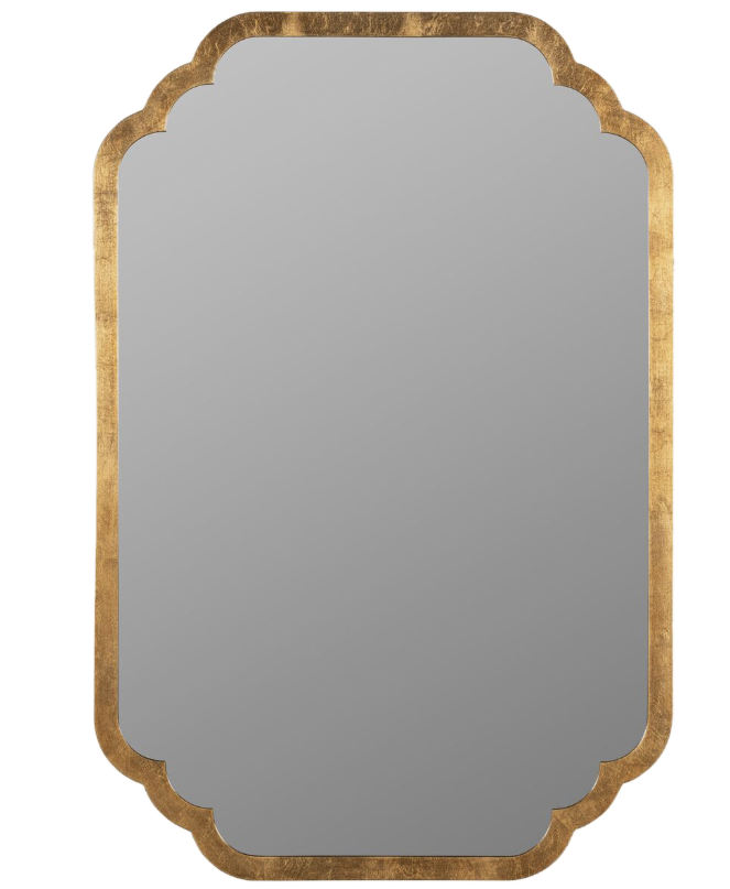Ornate mirror with a gold-trimmed, scalloped edge.