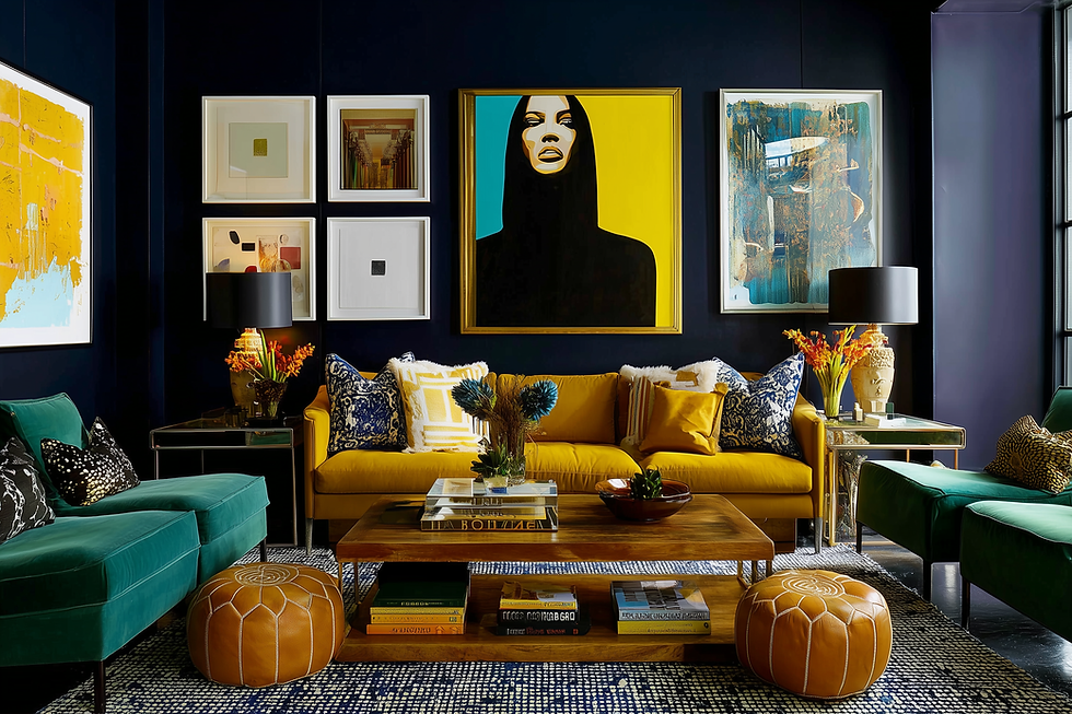 maximalist bachelor pad with gold and dark navy colors with oversized bold modern art and dark turquoise velvet chairs