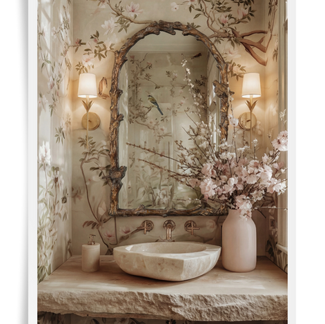 A luxurious whimsical powder room with floral wallpaper, ornate mirror, stone sink, and vase of pink flowers. Warm lighting creates an elegant, serene mood. a midsummer nights dream design concept