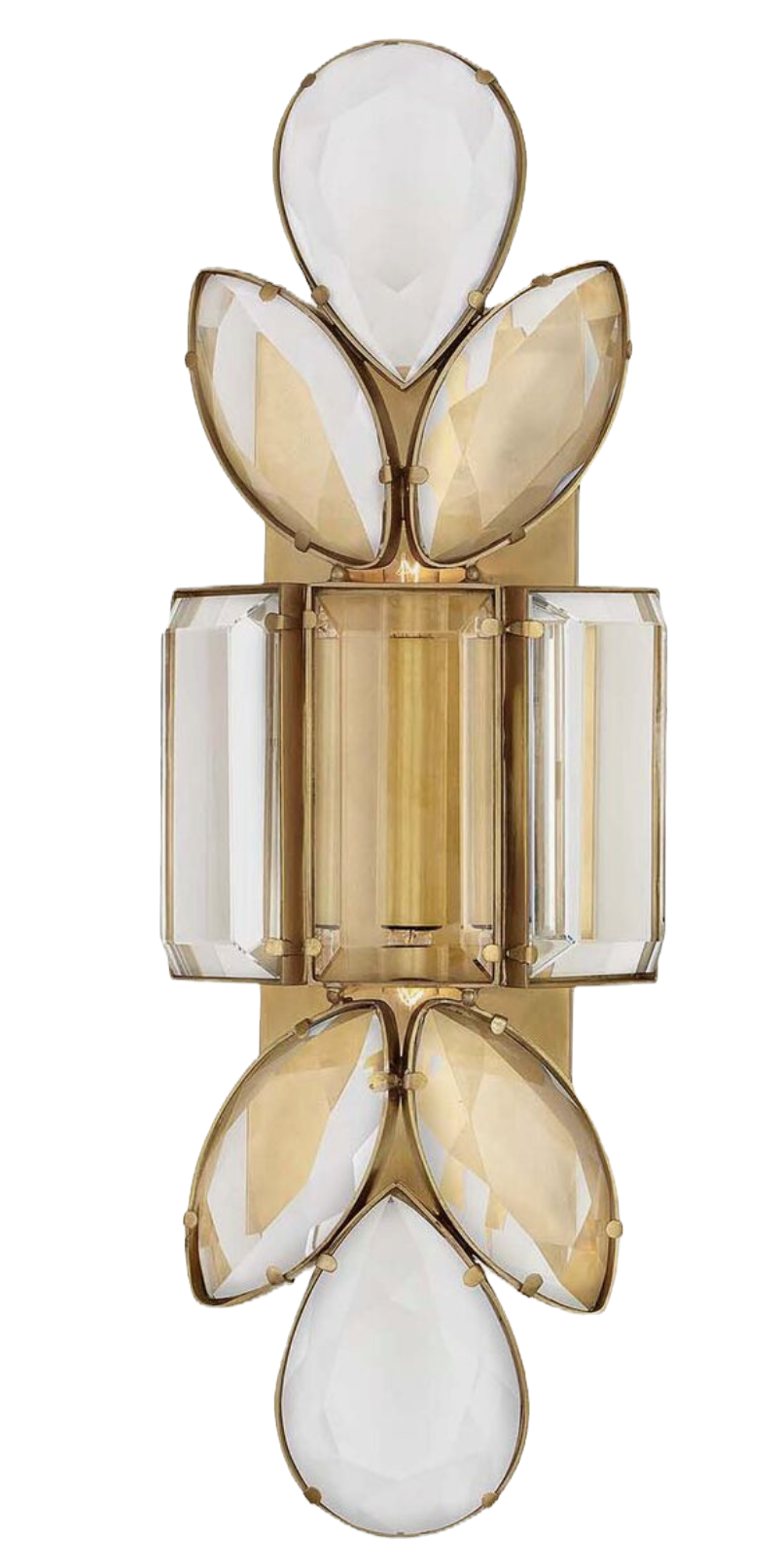 Gold and crystal sconce with teardrop and rectangle shapes. Elegant design, transparent and metallic hues conveying a luxurious feel.
