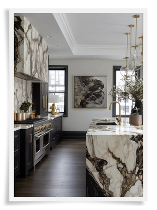 feature kitchen with bold contrast marble, black and white with a stone slab clad range hood and glass pendants