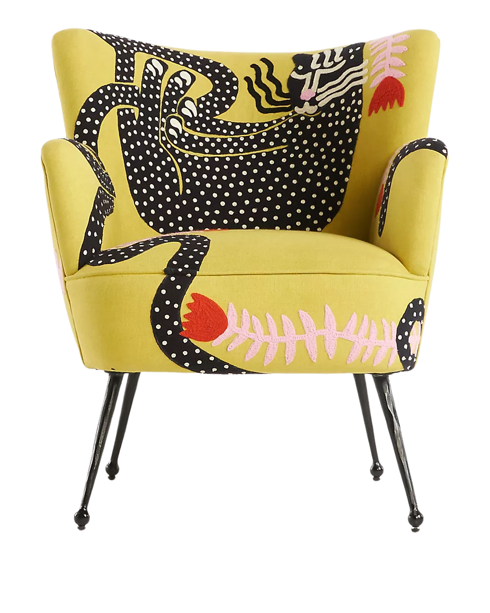 Aapo Petite Accent Chair, black and yellow maximalist print chair