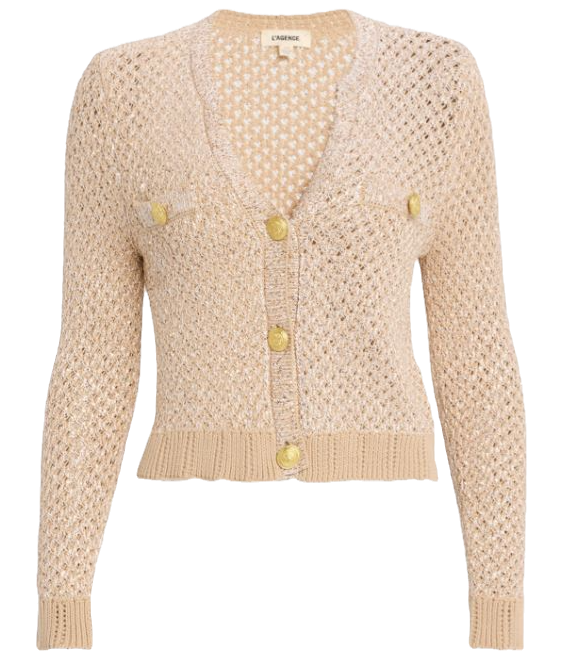 L'Agence Blanca Sequined Knit Cardigan, cream button down v-neck cardigan, dress sweater, peach sweater, luxury sweater 