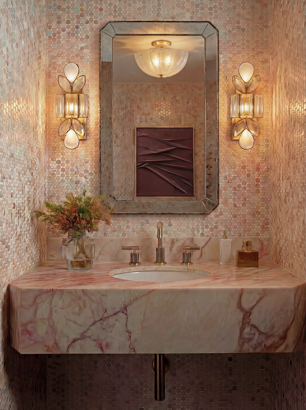 a shimmery blush colored powder room with penny round mosaic tiles on teh walls, warm glass decorative sconces that look like jewelry, an antique mirror and pink marble vanity with artwork shown in the reflection and decorative floral arrangement on the counter