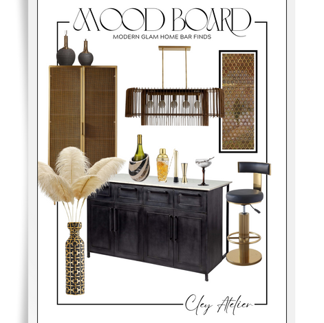 modern glam kitchen and bar interior design mood board with furnishings, art and accessories