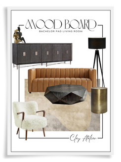 bachelor pad living room furnishing finds - interior design mood board with images of furnishings, art, décor and accessories