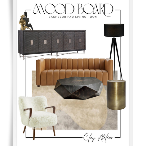 bachelor pad living room furnishing finds - interior design mood board with images of furnishings, art, décor and accessories