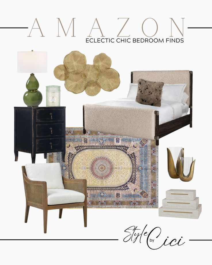 interior design mood board with furniture, decor, accessories and more for an eclectic chic interior design aesthetic in a bedroom