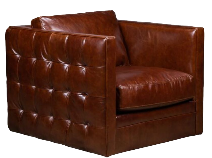 Glenwood Tufted Leather Swivel Chair, auburn, dark red brown, tufted lounge chair, reading chair, masculine chair, library, office, fireplace chair