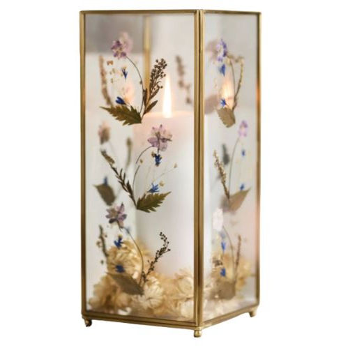 Pressed Floral Hurricane, glass candle holder with dried flowers, whimsical hurricane for dinner parties