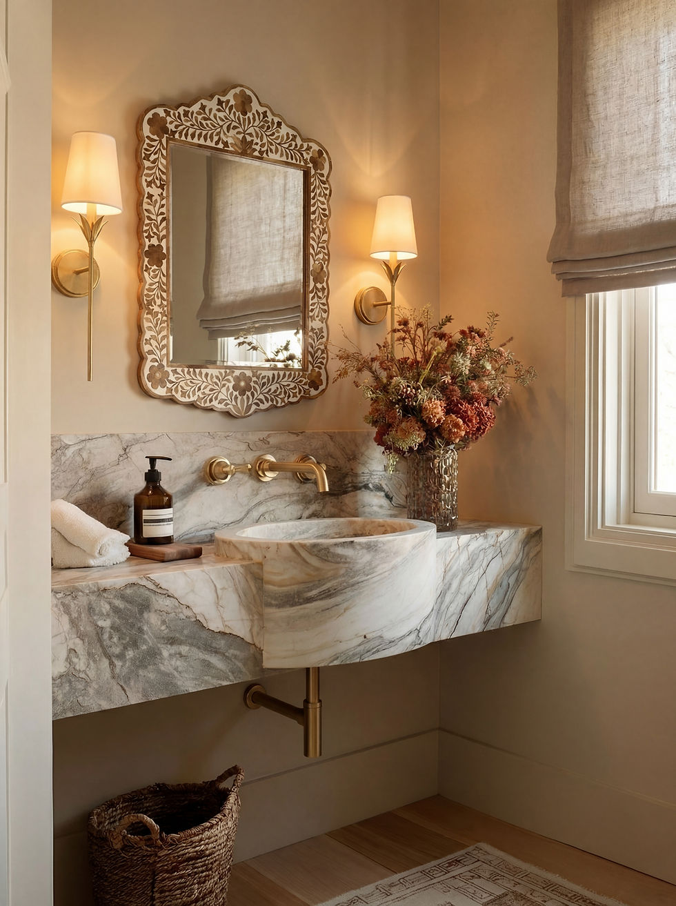 Elegant eclectic powder room with a marble sink, ornate mirror, and warm lighting. Vase with autumn flowers on the counter, beige walls, and window. an artisanal, eclectic powder room with found items and a handmade inlay mirror