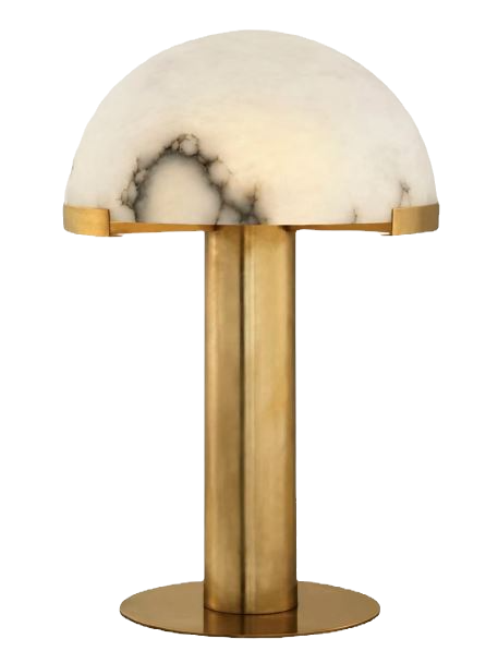 Brass table lamp with a white domed marble shade on a dark background, sleek and modern.