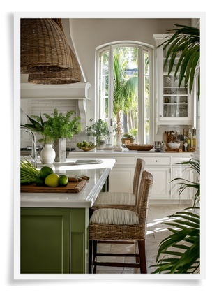 british colonial, british west indies, tropical colonial, british tropical, raffles style interior design. tropical open air kitchen with lots of plants, white cabinetry, rattan furniture and a warm breezy vibe