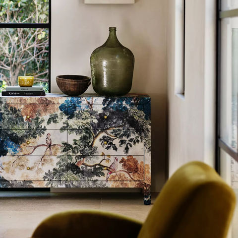 anthropologie
Hale Canvas Nine-Drawer Dresser - bohemian floral tapestry dresser