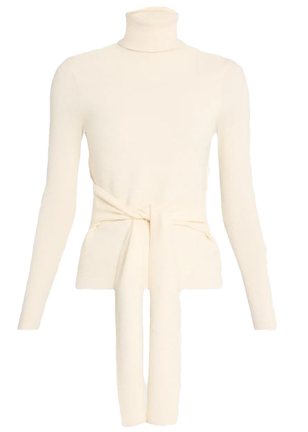 Toccin Brielle Tie-Front Turtleneck Top, cream tied turtleneck, wrap tie sweater, fitted sweater