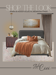interior design moodboard for a warm, moody, eclectic bedroom furnishings. it shows furnishing and décor ideas