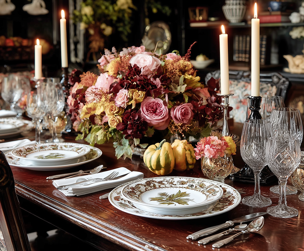 heritage bloom, traditional thanksgiving table with a big floral centerpiece with roses, candles and traditional floral china dishware