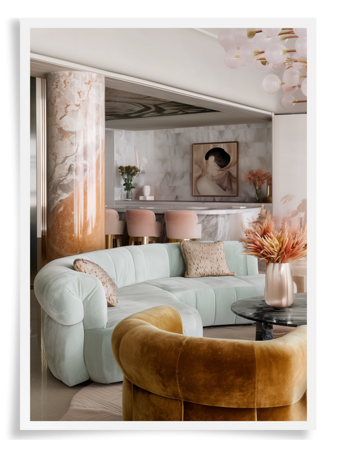 Miami Deco Interior Design Aesthetic - Living room and kitchen interior perspective with peaches, blush, sage and soft blue colors, very south beach