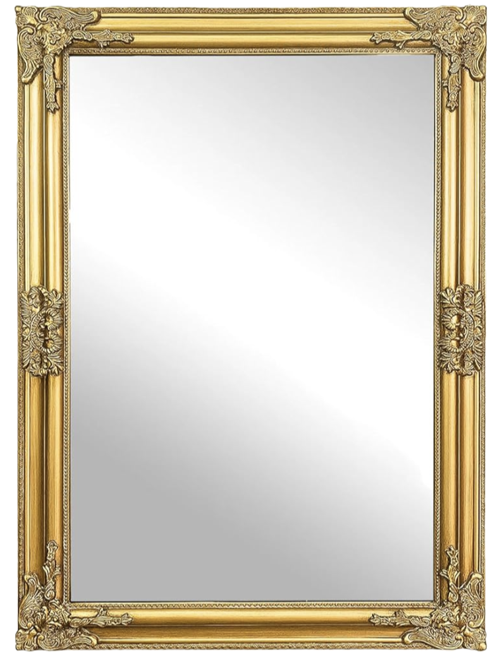 Ornate gold-framed mirror with intricate floral carvings. Reflective surface is clear, no text visible. Luxurious and elegant design.